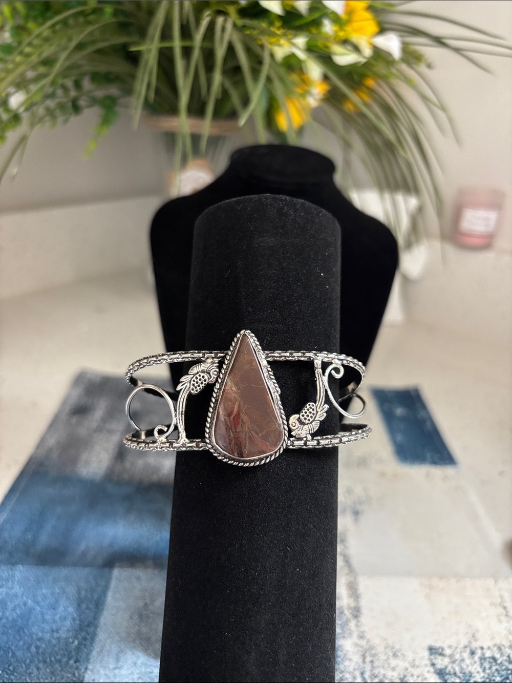 Sterling Silver Montana Agate Morganite Gemstone Cuff Bracelet - Adjustable